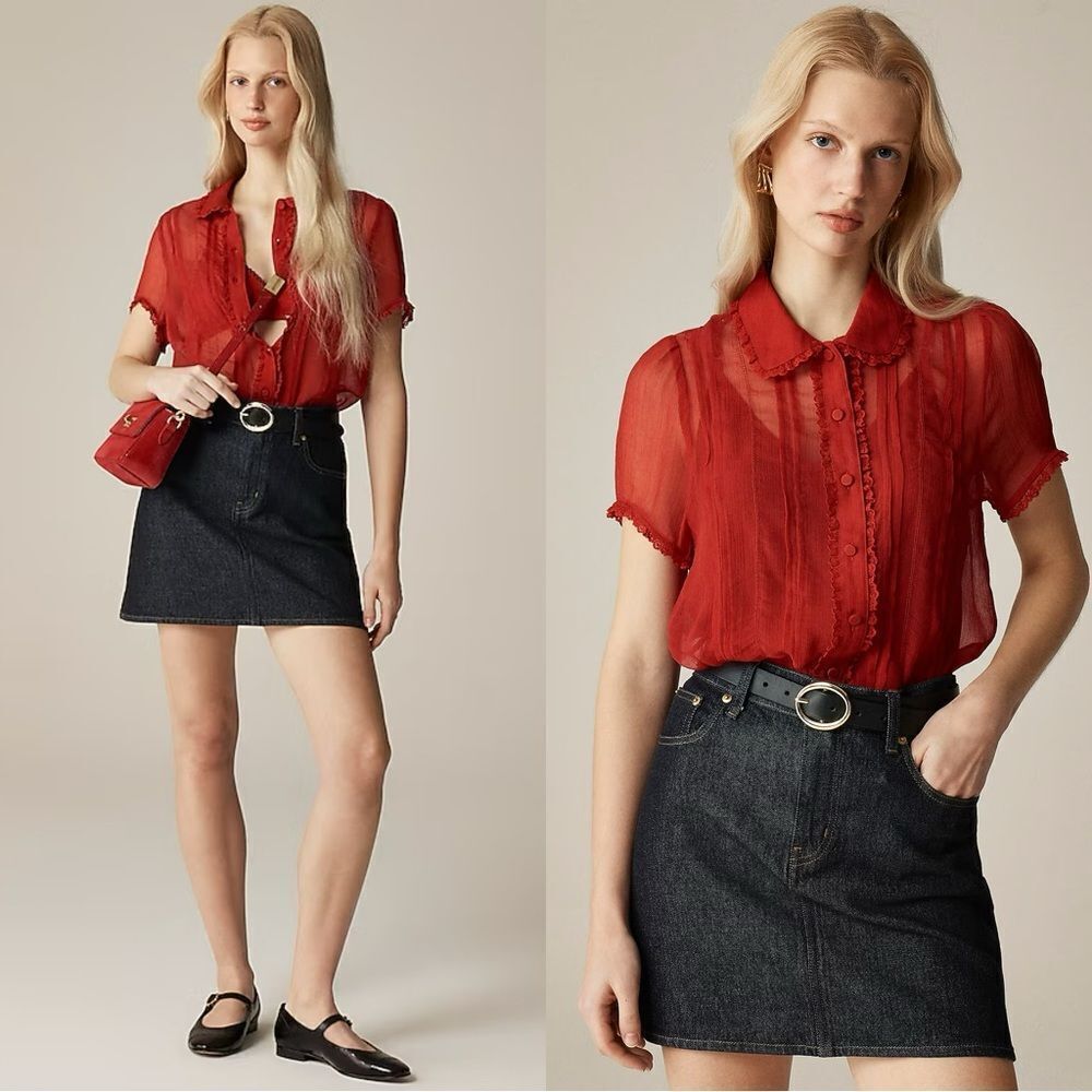 NWT J CREW Sheer lace-trim button-up shirt Persian Red